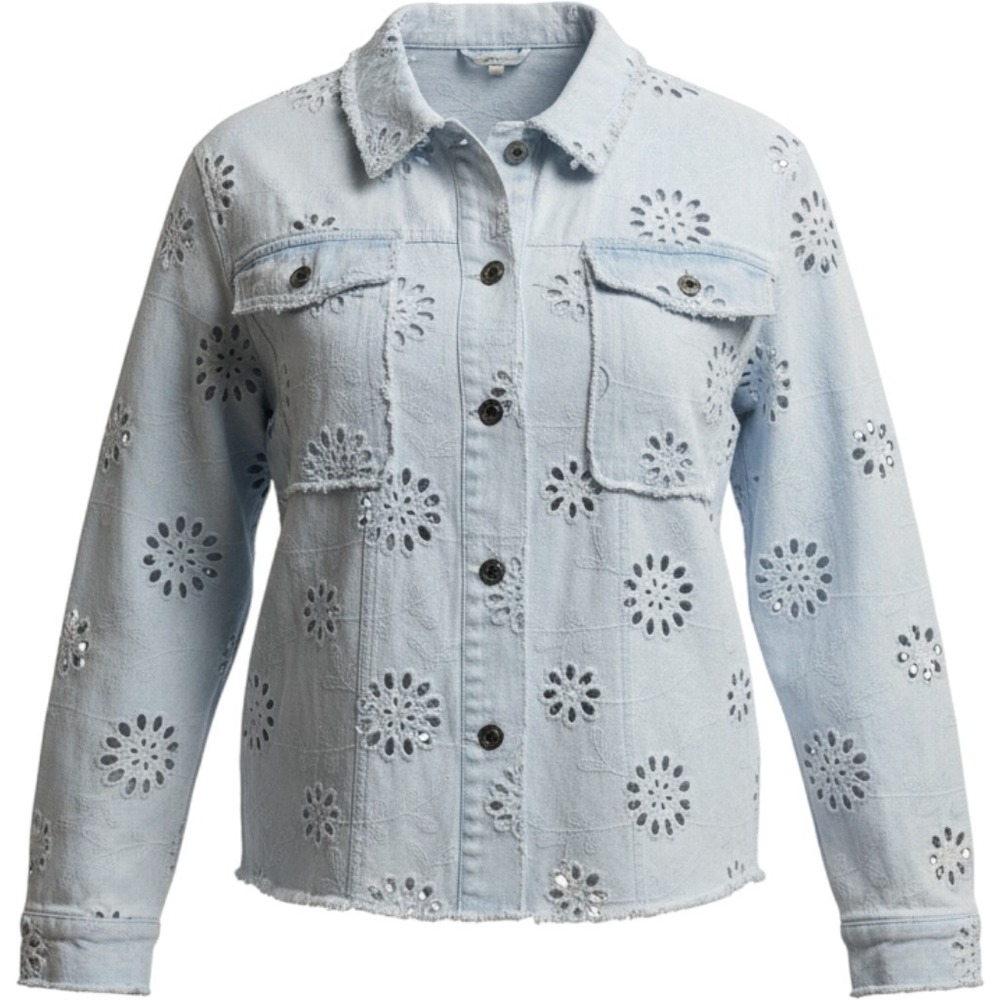Like Love Light Wash Denim Eyelet Floral Embroidery Raw Hem Jacket Large